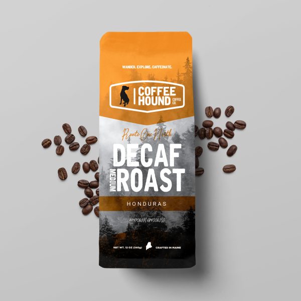 Bag of Coffee Hound US Route 1 Decaf Medium Roast, made from 100% Arabica Honduran beans with flavor notes of chocolate, lemon, and walnut.