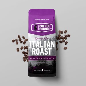 Bag of Coffee Hound Norumbega Italian Espresso Roast, a blend of Sumatra and Colombia beans with flavor notes of chocolate, molasses, vanilla, and caramel.