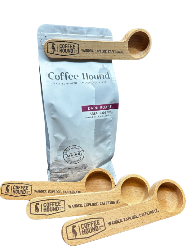 Coffee Hound Coffee Scoop and Bag Closure, a polished metal tool for measuring coffee grounds and sealing coffee bags to keep beans fresh.